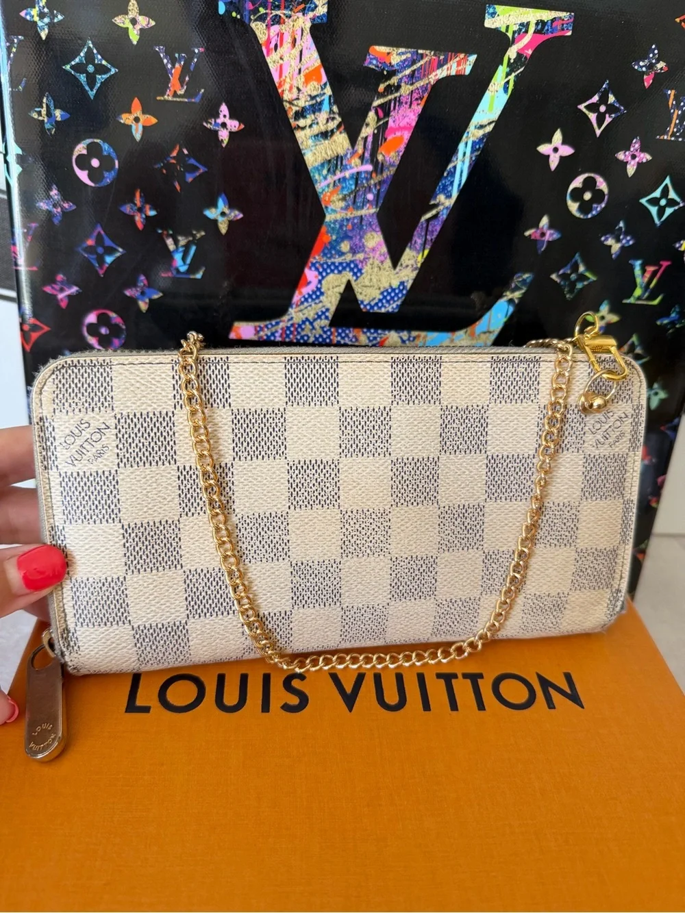 Louis Vuitton Authentic Damier Azur Zippy Long Wallet Purse with Chain